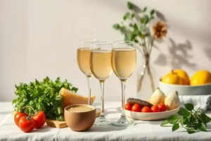Tres copas de vino blanco burbujeante sobre una mesa, acompañadas de tomates rojos, lechuga verde y un cuenco con especias, resaltando aperitivos saludables.