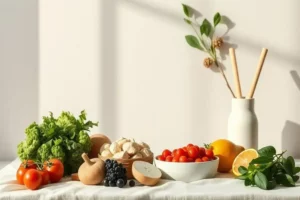 Mesa con una variedad de vegetales frescos, incluyendo lechuga verde, tomates rojos brillantes y una naranja amarilla, resaltando hábitos que engordan.