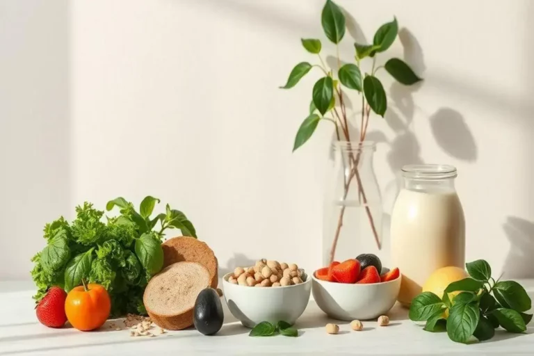 Varias frutas y verduras frescas sobre una mesa blanca, entre ellas lechuga, fresas, un limón y un frasco de leche, todo acompaña a las dietas detox.
