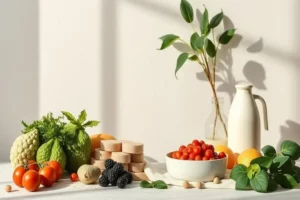 Mesa con una variedad de alimentos saludables como tomates rojos, frutas, y vegetales verdes, incluyendo bcaas sustanciales para la salud.