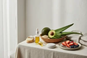 Mesa cubierta con un mantel claro que sostiene un bol de madera con aguacates, hojas de aloe vera y productos para el cuidado de la piel, ideal para combatir estrías embarazo.