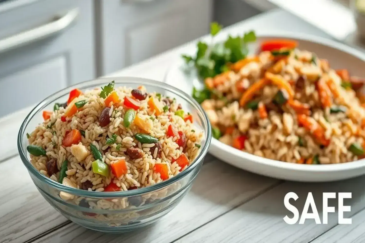 Ensalada con recetas arroz salvaje de arroz salvaje colorido en un tazón de vidrio, con trozos de pimientos rojos, verdes y frijoles, sobre una mesa de madera clara.