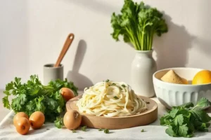 Plato con recetas con acelga de pasta blanca en una tabla de madera, rodeado de hojas verdes de acelga, cebollas y limón, con un frasco gris en el fondo.