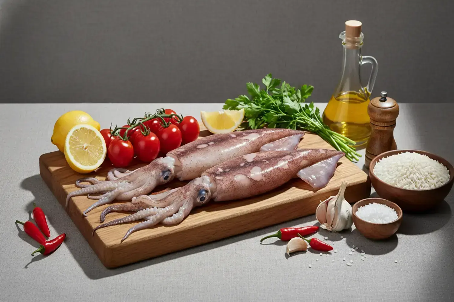 Tablero de madera con calamares frescos en tonos grisáceos, rodajas de limón amarillo, tomates rojos, arroz blanco y chiles en una mesa clara. Recetas con calamar.