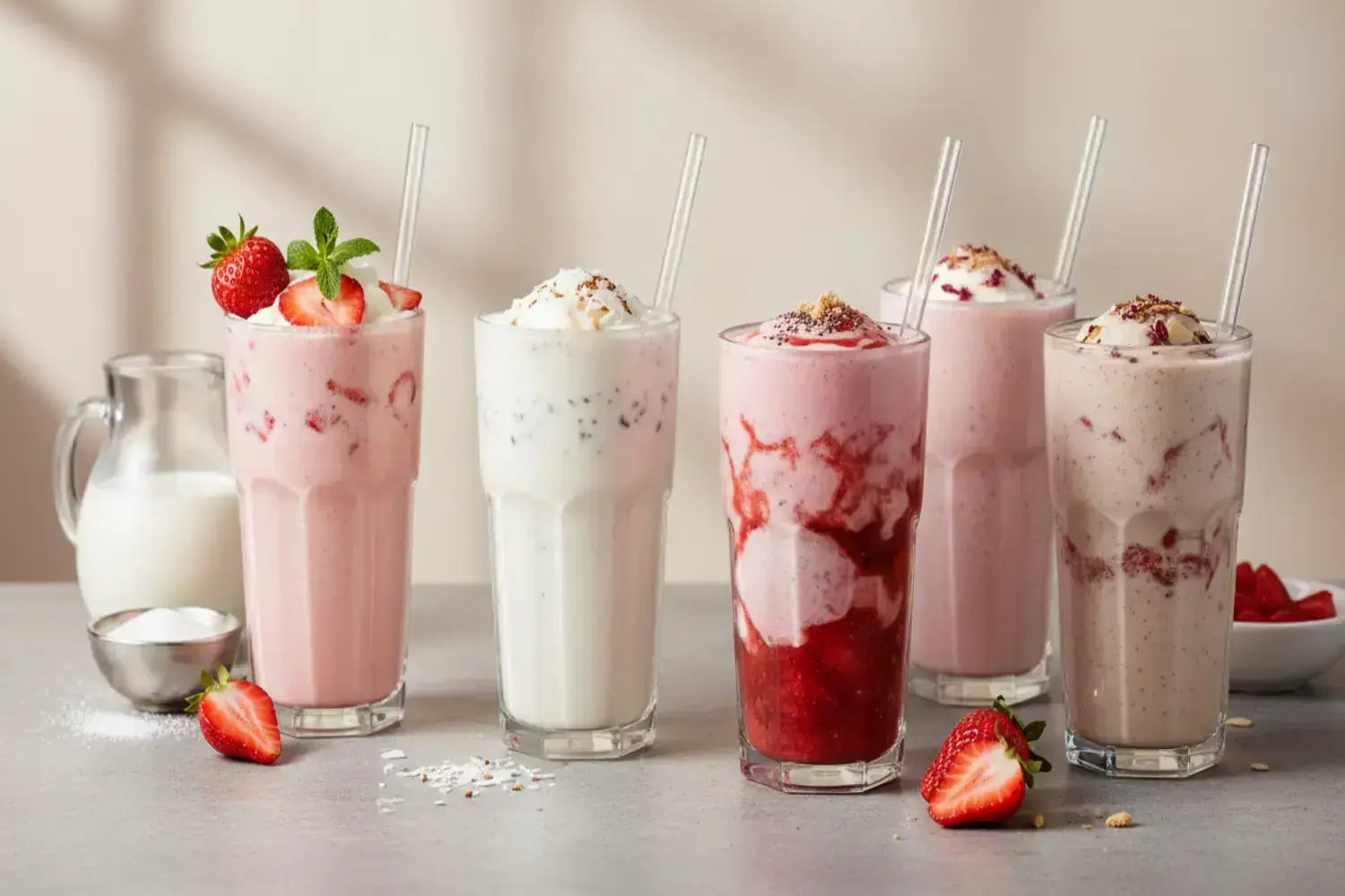 Deliciosos batidos de fresa con leche en vasos, ideales para refrescarse esta temporada Cinco batidos de fresa con leche en vasos altos. El primero es rosa con fresas y crema, el segundo es blanco con trozos oscuros. El tercero es rojo brillante y cremoso, el cuarto es rosa pálido, y el
