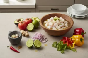 Recipiente de madera con trozos de pescado marinado, rodajas de cebolla roja y limones cortados, rodeado de vegetales frescos como tomates rojos y pimientos de colores, ingredientes ideales para recet