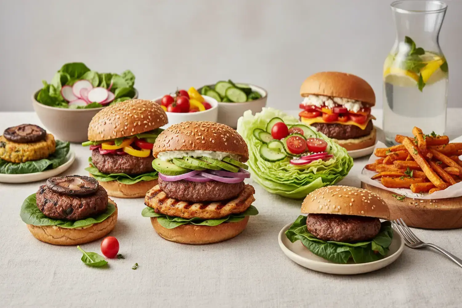 Varias con hamburguesa light hamburguesas light sobre una mesa, con panes dorados, carne jugosa, lechuga verde, tomates cherry y rodajas de pepino fresco, decoradas con cebolla morada.