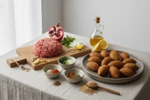 Mesa con ingredientes frescos para recetas de kibe, incluyendo carne molida rosada, cebolla, limón amarillo, y especias variadas en platos de cerámica