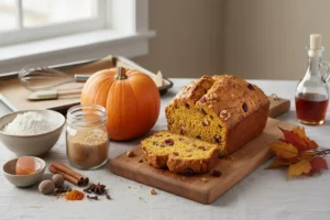 Un con recetas de pan de calabaza delicioso pan de calabaza amarillo dorado en una tabla de madera, rodeado de calabaza naranja, especias y azúcar moreno, mostrando su textura esponjosa.