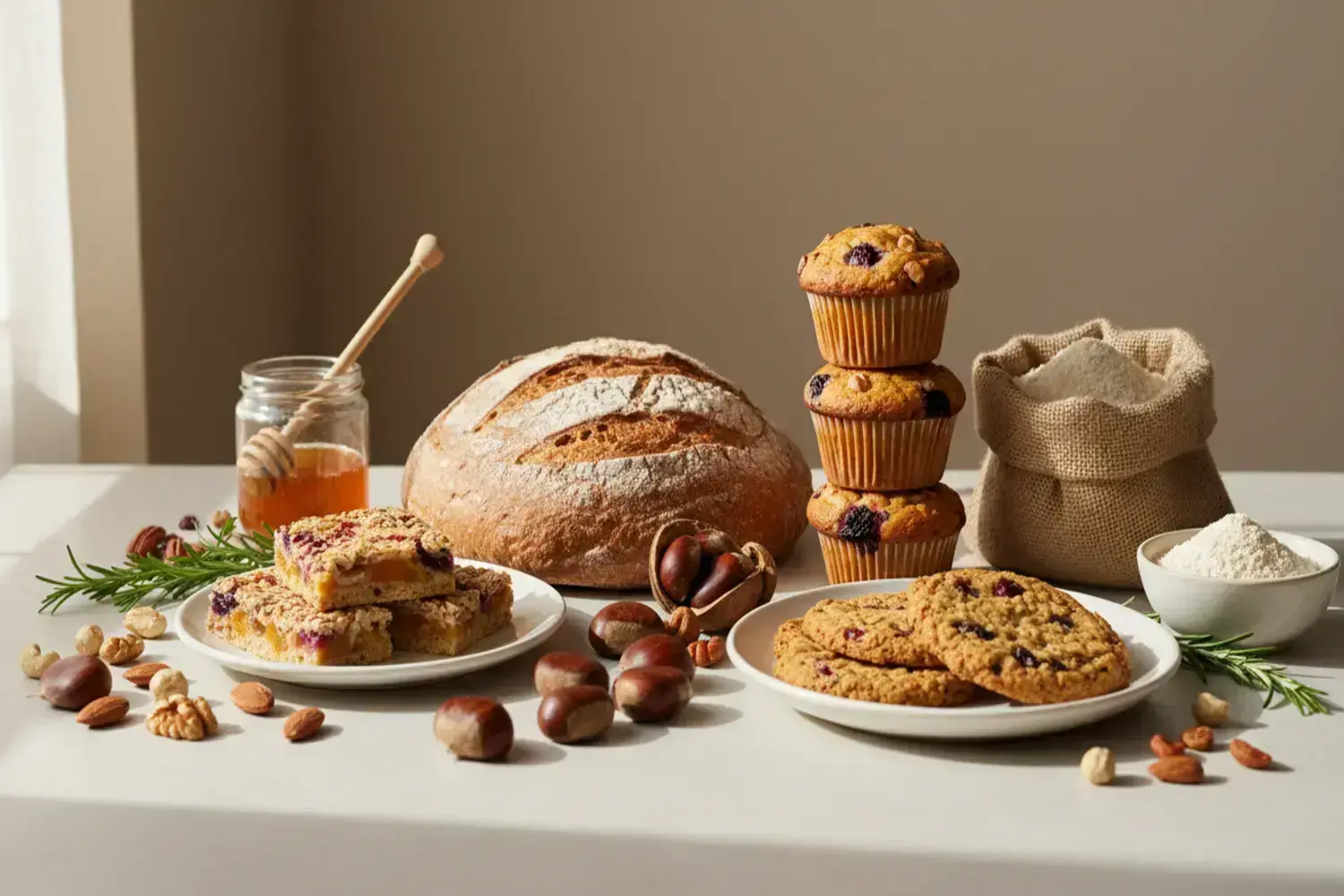 Mesa con varios alimentos: pan redondo marrón, galletas de chocolate, muffins amarillos, castañas y un frasco de miel, destacando la harina de castaña en un saco de yute.