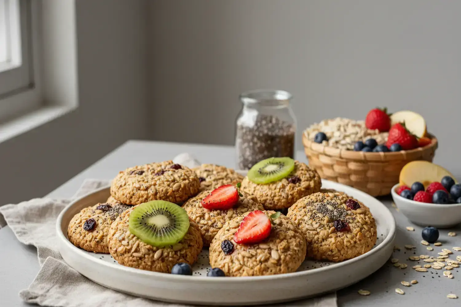 Deliciosas galletas saludables con frutas frescas y avena en un plato elegante Plato blanco con galletas saludables decoradas con rodajas de kiwi y fresas, rodeadas de arándanos en un fondo gris claro.