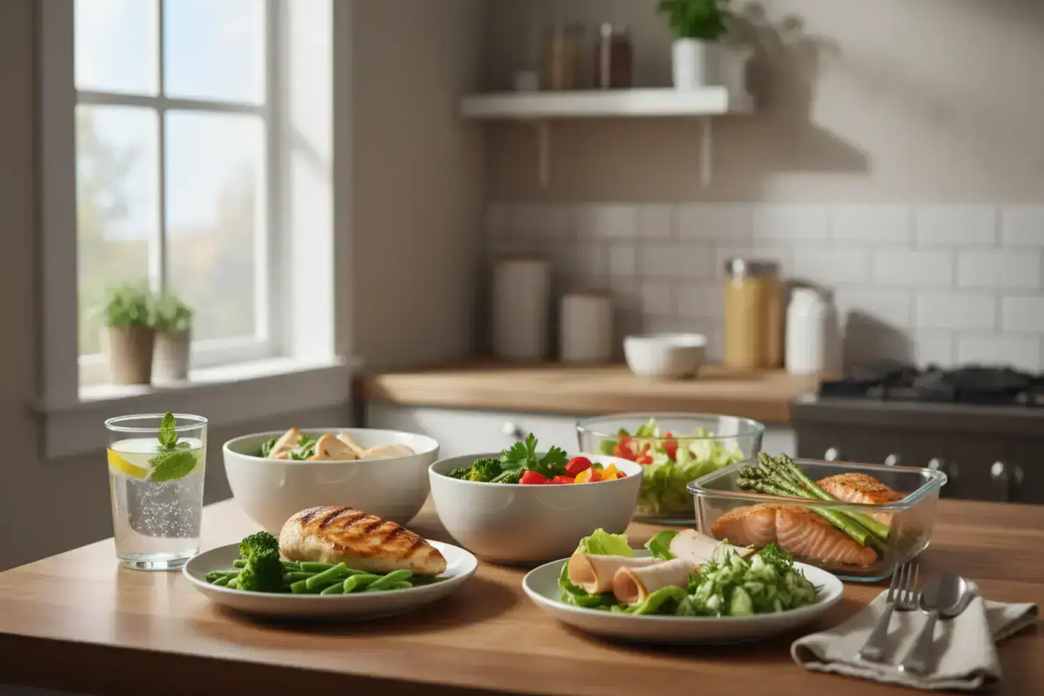 Mesa con dieta dukan recetas fase ataque de cocina con platos de cerámica blanca llenos de verduras frescas, pollo a la plancha y salmón, junto a un vaso de agua con limón y hojas de menta. Incluye re