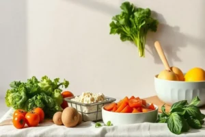 Mesa con recetas vegetarianas con ingredientes frescos: lechuga verde, tomates rojos, un recipiente con queso, zanahorias cortadas en un bol blanco, hierbas frescas, todo iluminado con luz natural.