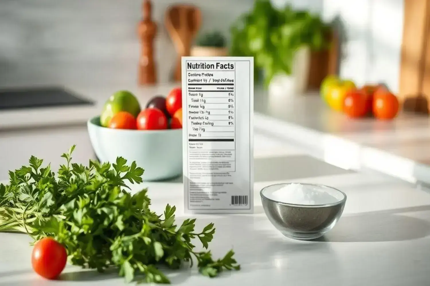Explorando etiqueta nutricional con ingredientes frescos como tomates y perejil en dieta bajo sodio Etiqueta nutricional en primer plano con fondo de perejil fresco y tomates rojos y verdes en un bol color aqua, representando la dieta bajo sodio.