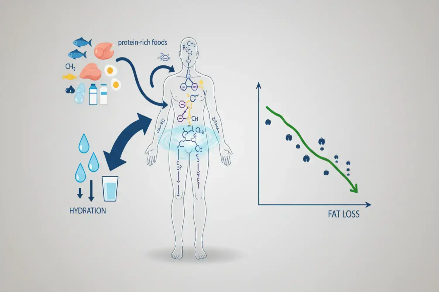 Ilustración con dieta dukan recetas fase ataque de un cuerpo humano en el centro, rodeado de alimentos ricos en proteínas como pescado, pollo y huevos. A la izquierda, gotas de agua simbolizando la hi