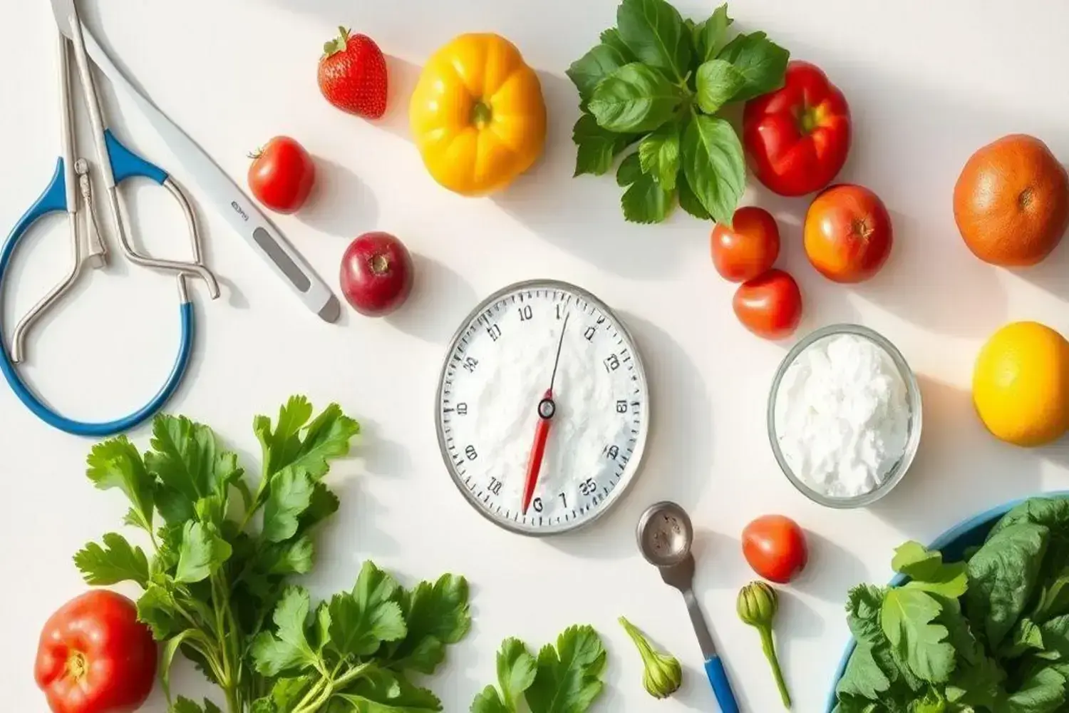 Composición de alimentos frescos incluyendo tomates, pimiento amarillo y cilantro para una dieta baj Mesa blanca con diversos alimentos frescos, como tomates rojos, un pimiento amarillo, fresas, y una balanza rodeada de cilantro, ideal para una dieta bajo sodio.