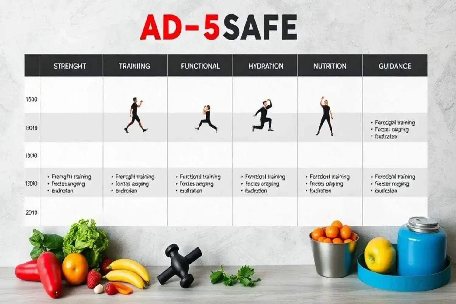 Mesa con frutas y verduras frescas como pimientos rojos, lechuga, plátanos y fresas, junto a un pesa negra; información sobre alimentación para aumentar masa muscular.