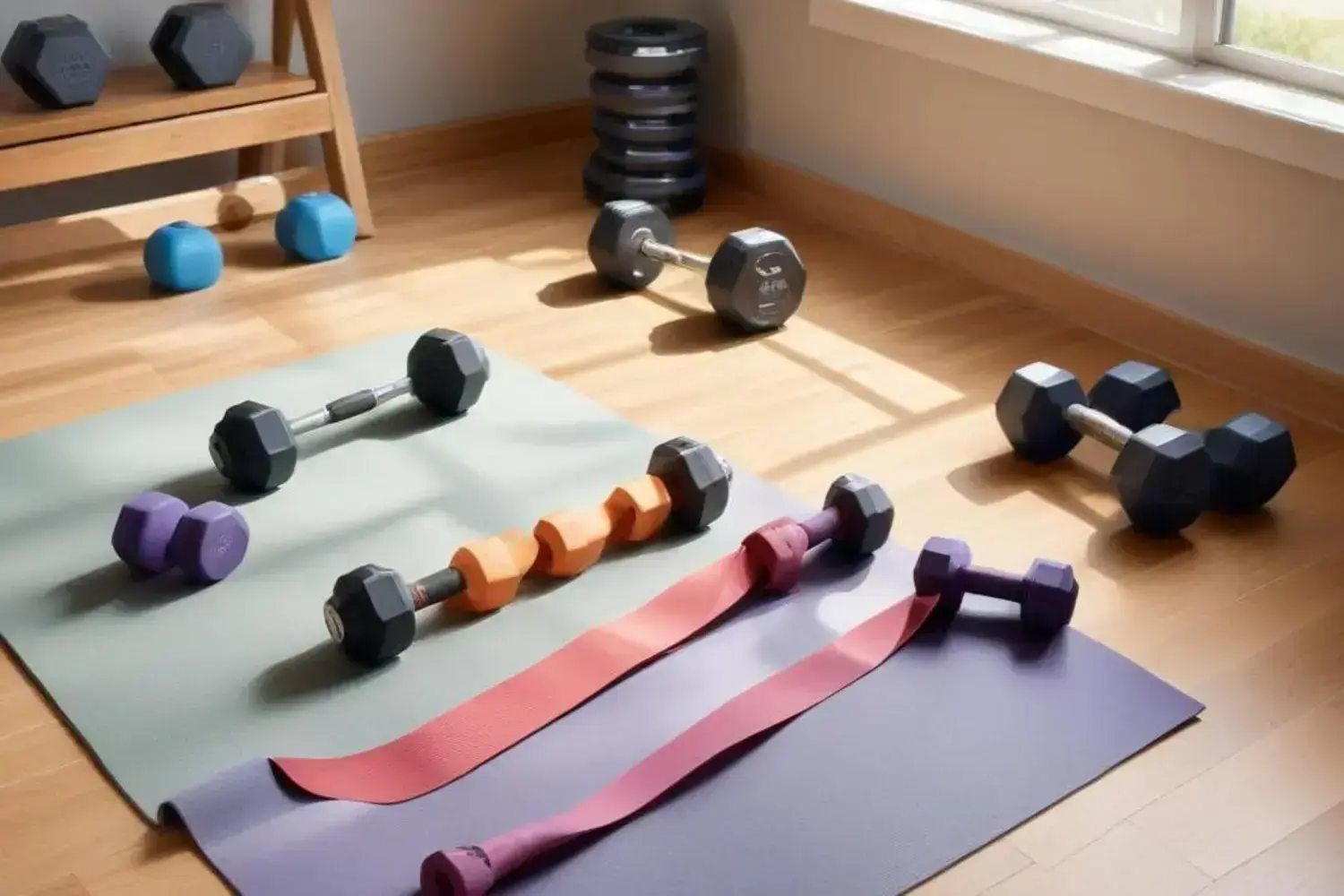 Espacio de gimnasio en casa con pesas hexagonales negras, azul claro y moradas sobre un suéter claro. Esteras de ejercicio moradas y rojas en el piso de madera.