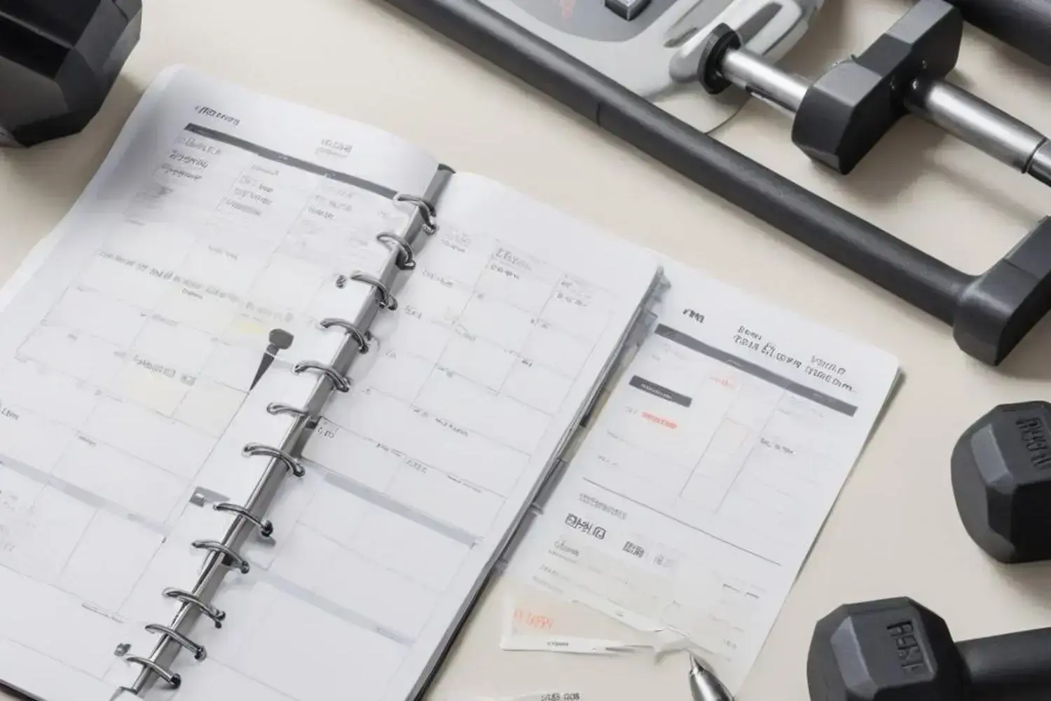 Planificador abierto en una mesa blanca, con un bolígrafo plateado y mancuernas negras, reflejando un ambiente de entrenamiento y organización para como ganar masa muscular rápido.