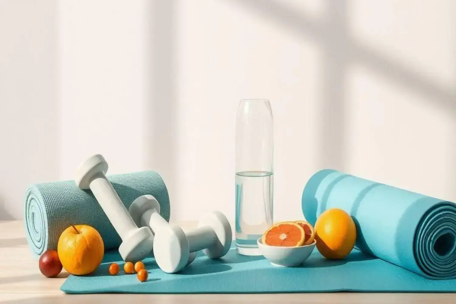 Dos pesas blancas sobre una esterilla azul, junto a una botella de agua, naranjas y pequeños frutos amarillos, simbolizando ejercicio después de los 40.