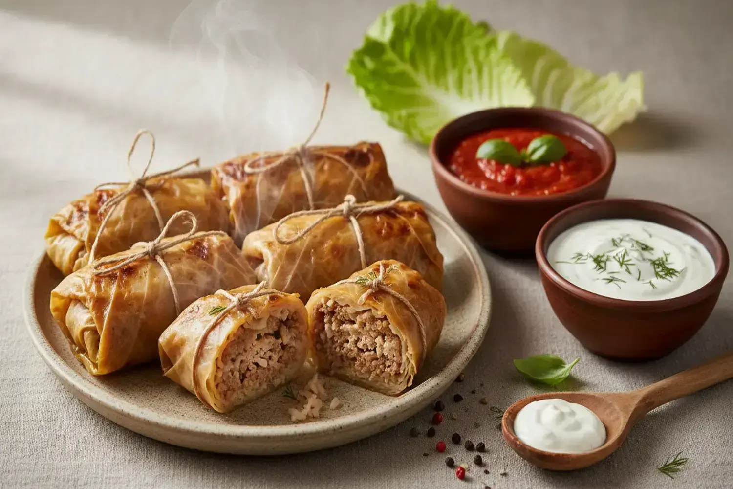 Plato con col rellena de carne molida, atada con hilo, acompañado de salsas rojas y blancas en cuencos de barro, con hojas de lechuga al fondo.