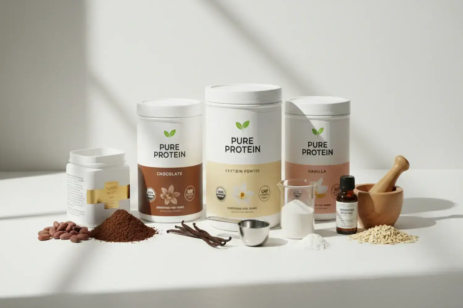 Tres botes de proteína en polvo (chocolate, vainilla, y sabor neutro) con ingredientes como café molido, vainas de vainilla y copos de avena, creando un batido dukan nutritivo.