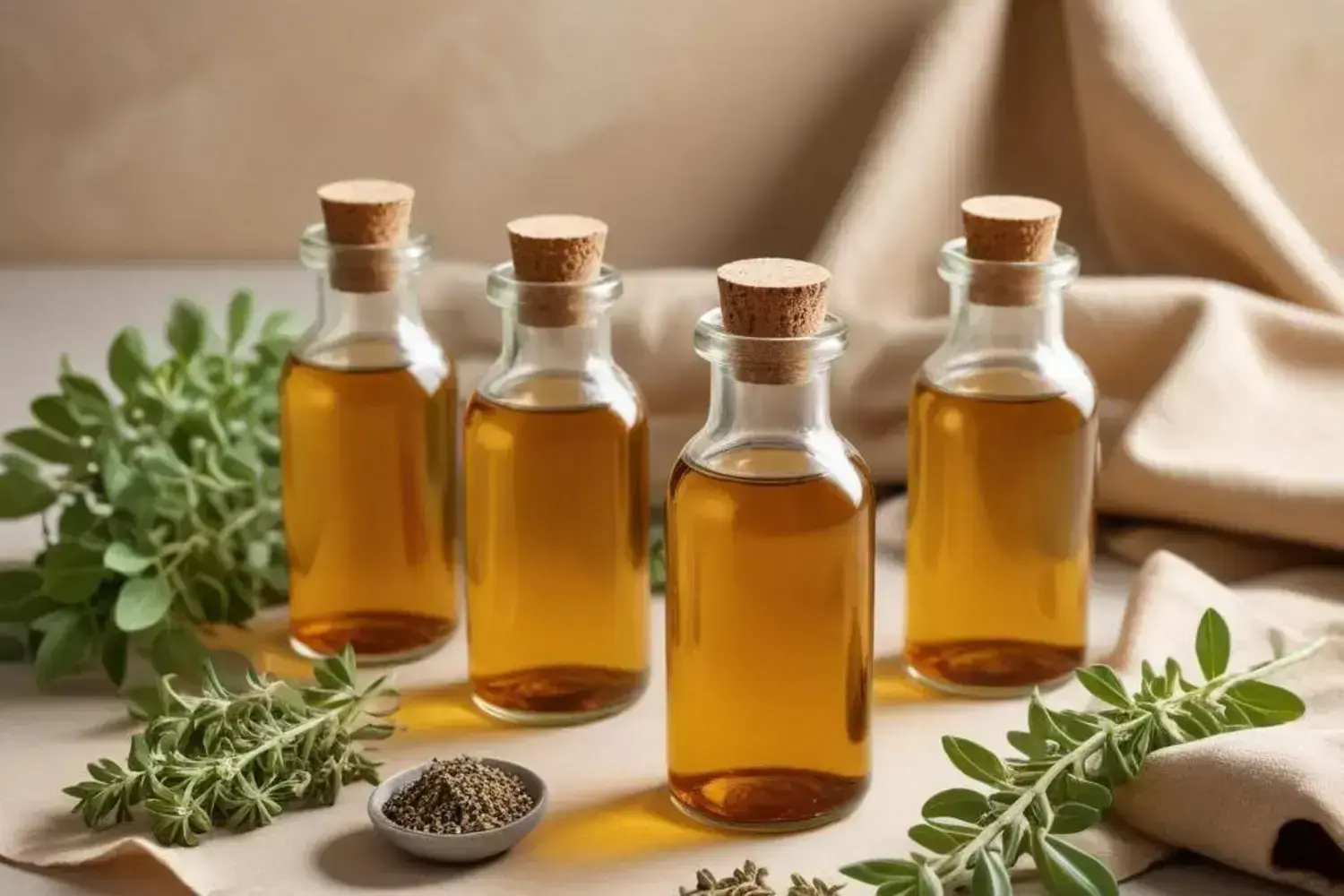Frascos de aceite de orégano casero acompañados de hierbas frescas y secas sobre una mesa clara Cuatro frascos de vidrio con aceite de orégano casero sobre una superficie clara, rodeados de hojas frescas de orégano y un tazón pequeño con hierbas secas.