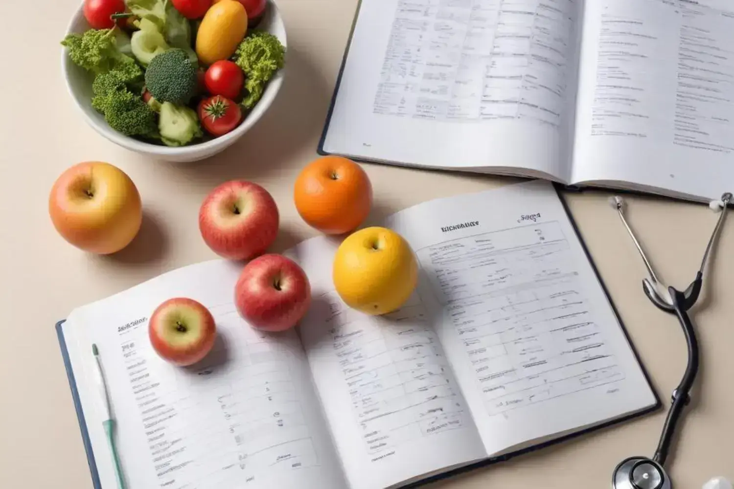 Una mesa clara con un cuenco de ensalada verde lleno de tomates rojos, lechuga y brócoli, junto a libros abiertos con notas de consejos para bajar de peso.