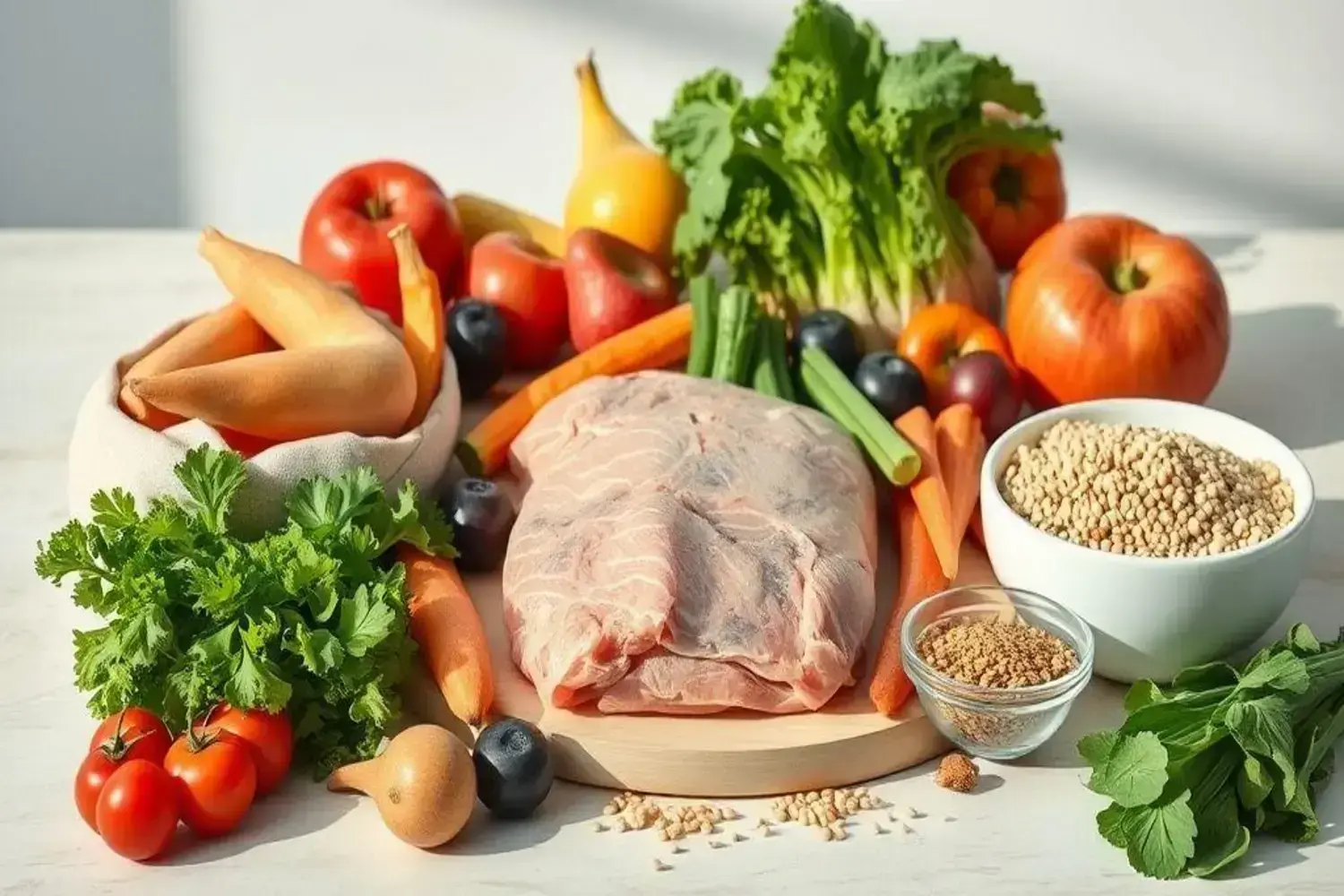 Mesa con ingredientes frescos para una dieta saludable para bajar de peso, incluyendo verduras coloridas como zanahorias naranjas, apio verde, manzanas rojas y lechuga verde, junto a carne cruda sobre