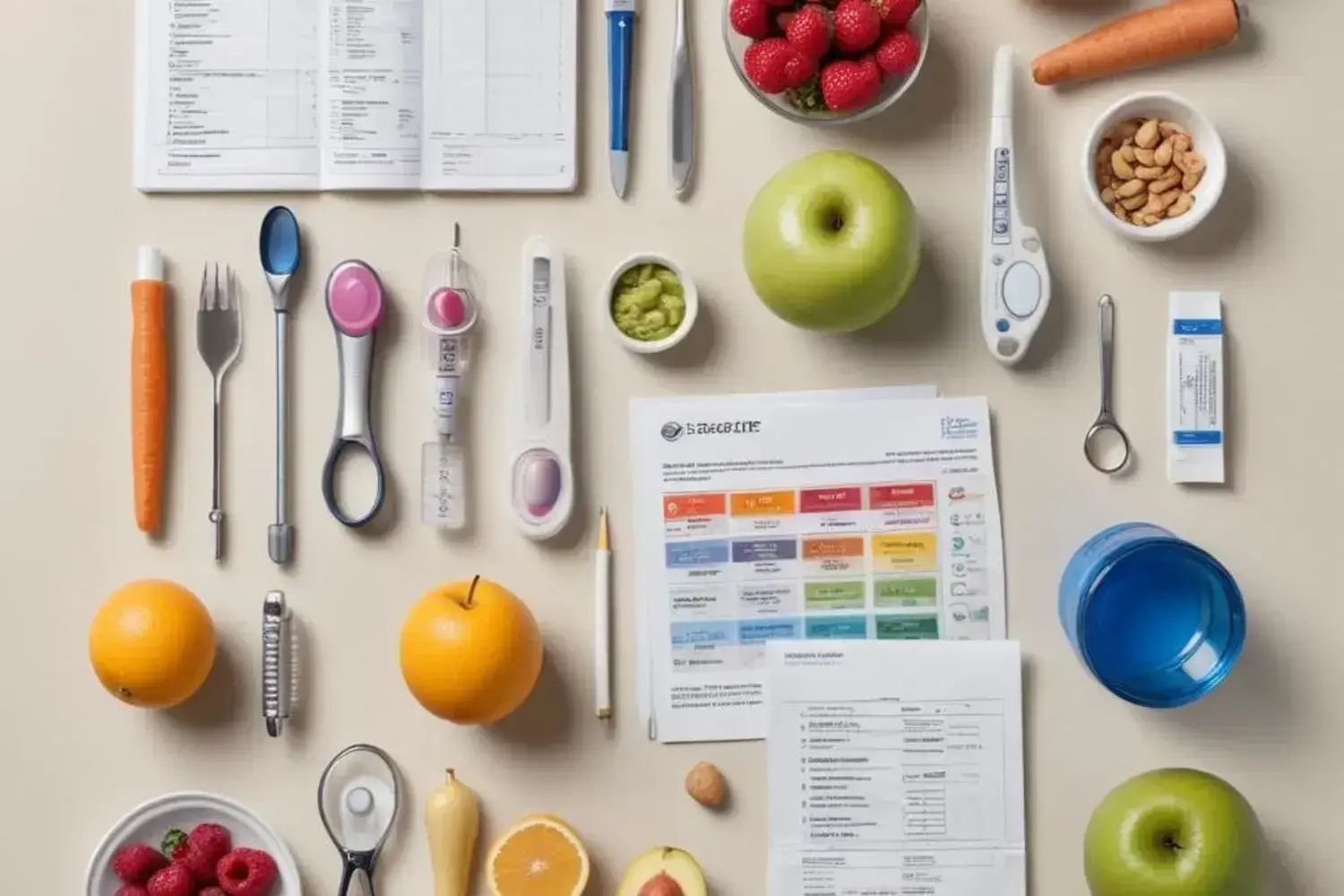 Varias frutas frescas como manzana verde, frambuesas rojas y naranja, junto a utensilios y documentos sobre la dificultad para bajar de peso.