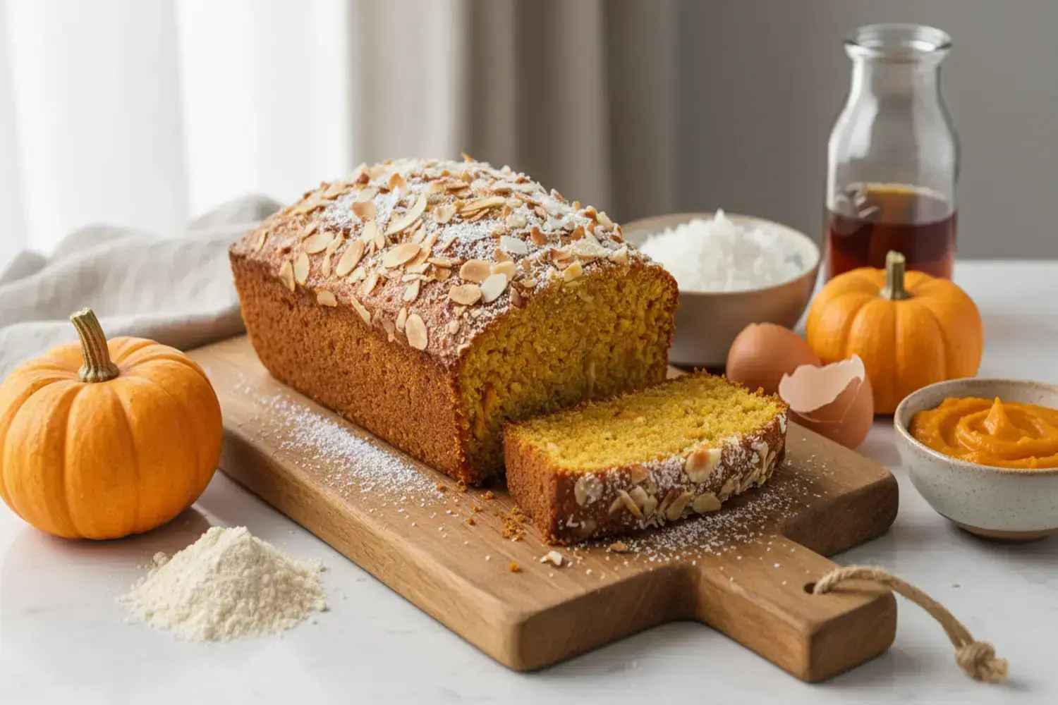 Un con recetas de pan de calabaza delicioso pan de calabaza dorado, decorado con almendras y azúcar impalpable, colocado sobre una tabla de madera con elementos como calabaza, harina y huevos.