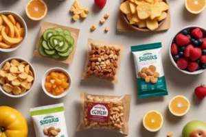 Variedad de snacks saludables sobre una mesa clara, incluyendo rodajas de pepino, frutas frescas y paquetes de nueces, todo en tonos vibrantes.