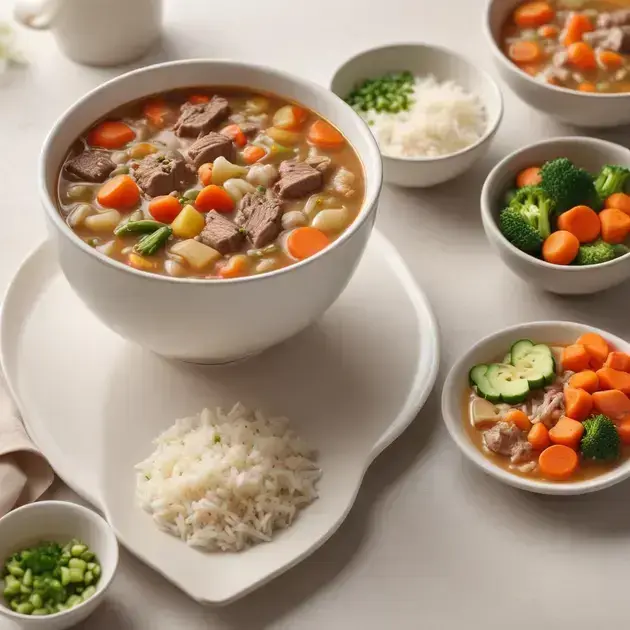 Delicioso caldo de res con verduras en un bol blanco, lleno de carne, zanahorias y papas, acompañado de arroz blanco y verduras frescas.