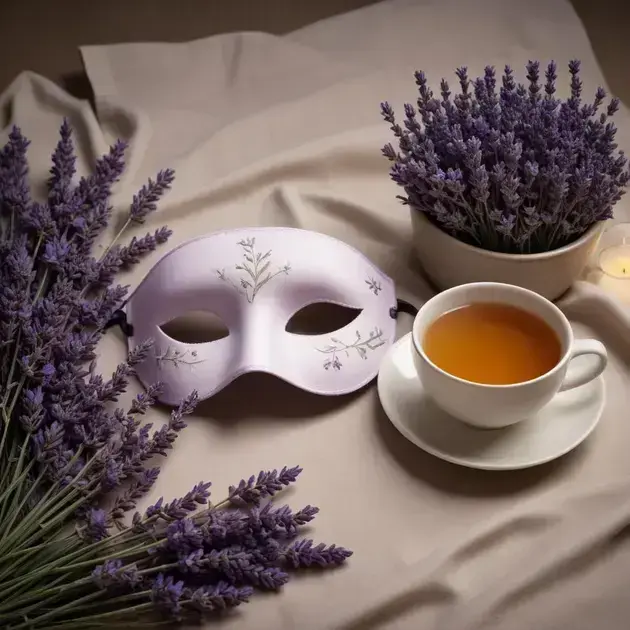 Máscara de ojo lavanda decorada con flores sobre fondo claro, rodeada de ramas de lavanda y una taza blanca con té, todo diseñado para relajarse mientras se aprende cómo bajar de peso sin dieta.