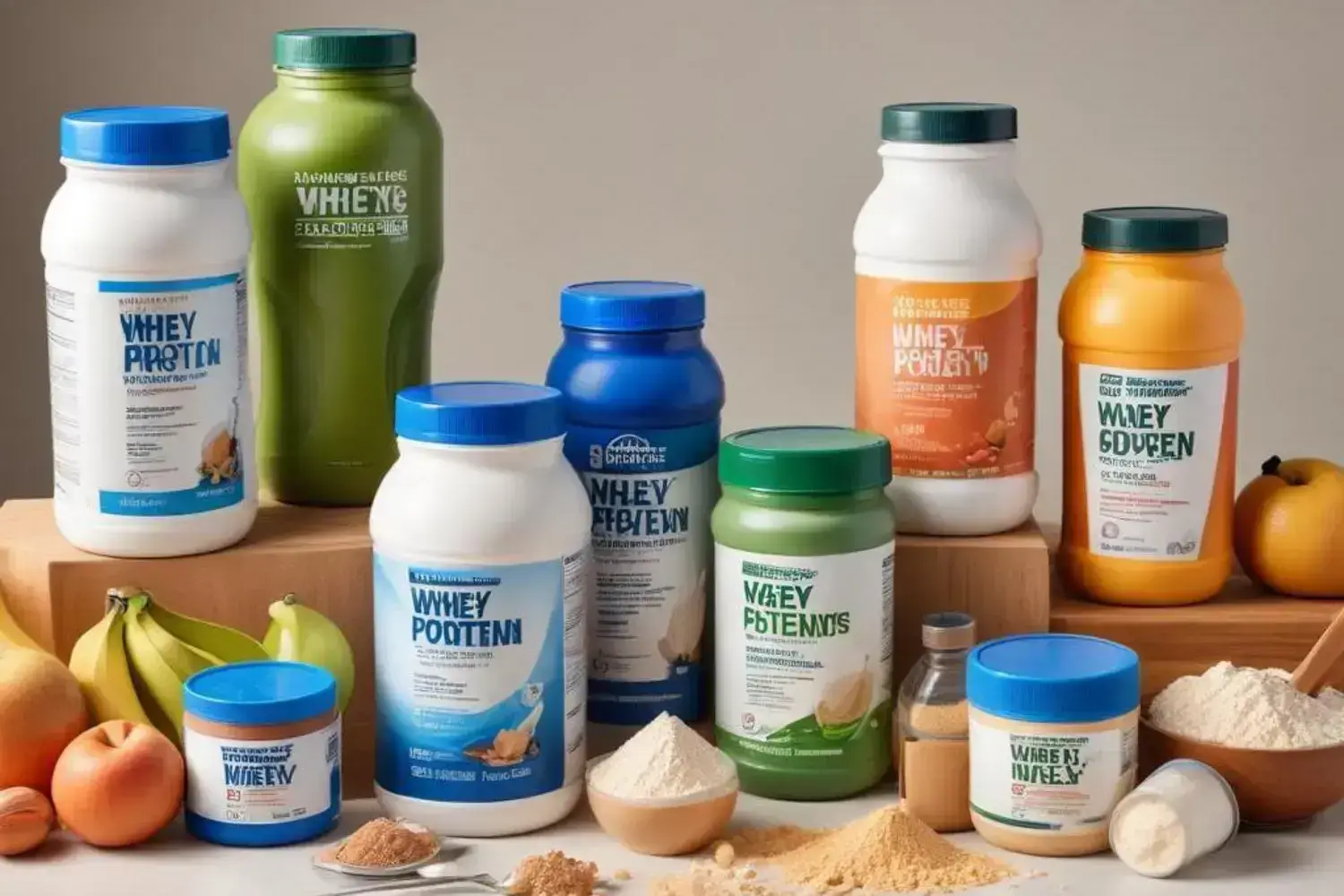 Variedad de suplementos de proteínas en frascos de colores brillantes. La dieta para ganar masa muscular incluye frascos verdes, naranjas y azules junto a bananos y manzanas.