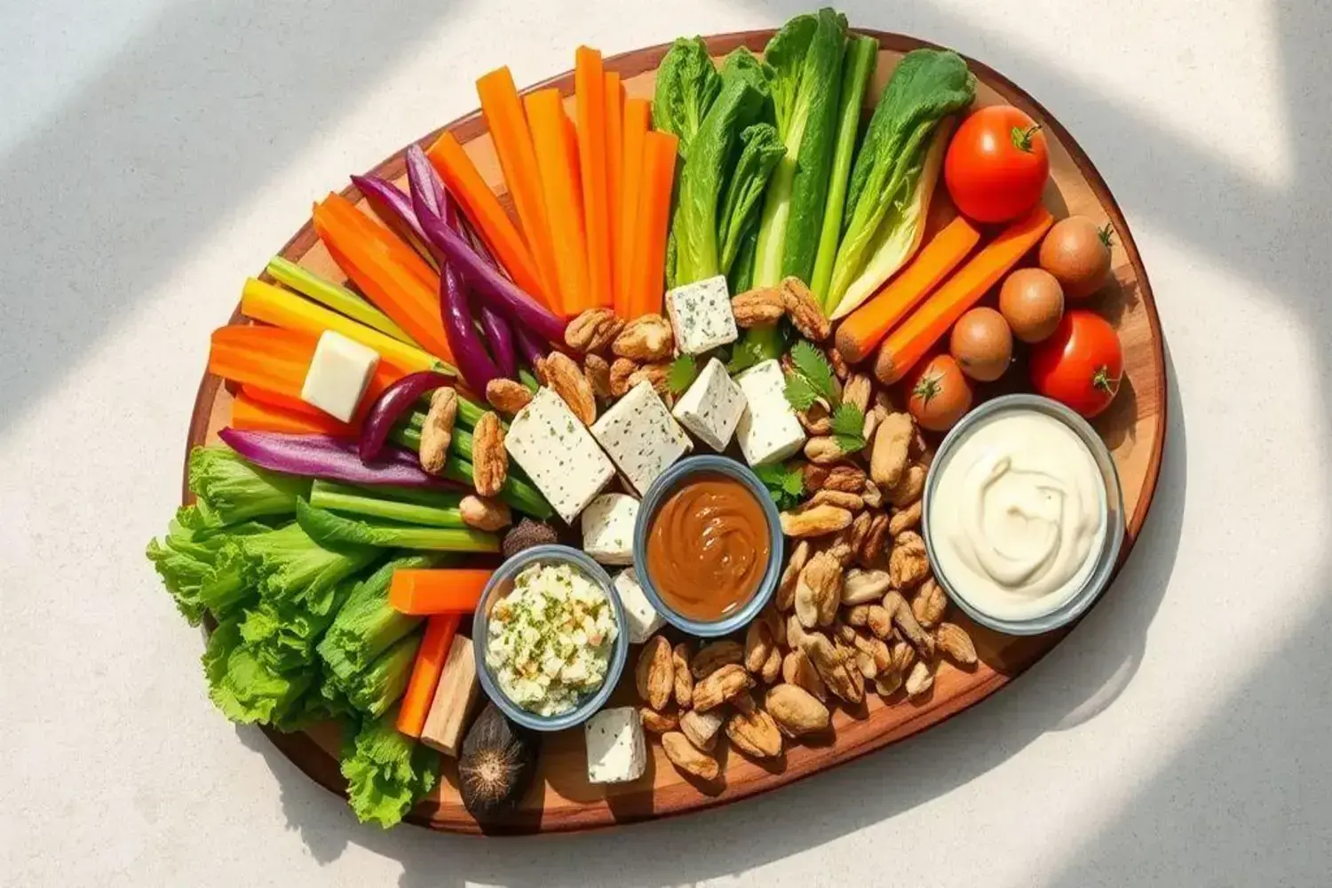 Plato ovalado de madera con una colorida variedad de vegetales frescos como zanahorias naranjas, apio verde, y pimientos morados, acompañado de aperitivos vegetarianos como queso fresco y salsas cremo