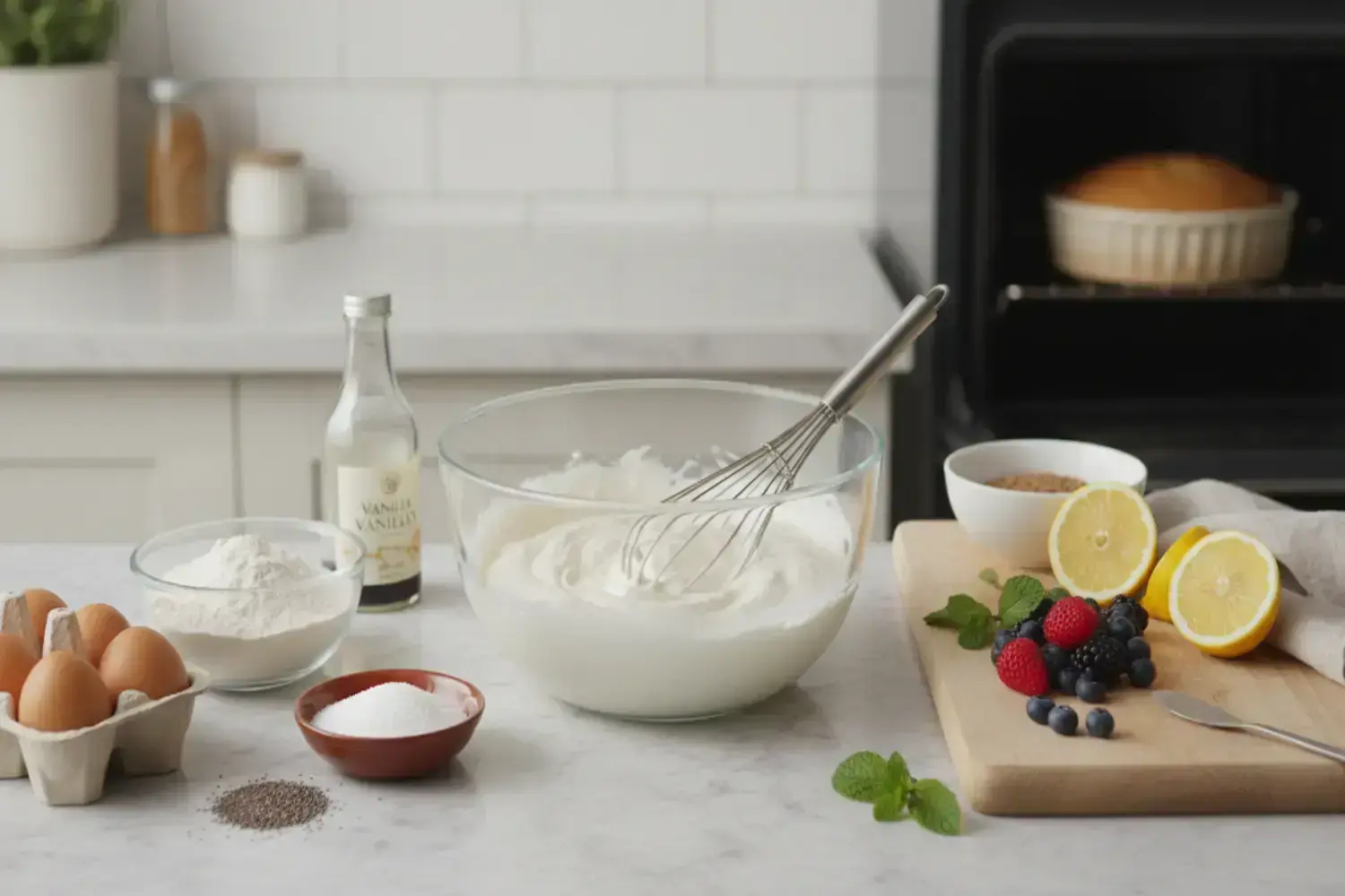 Tazón de vidrio con mezcla blanca para bizcocho sin azúcar, rodeado de ingredientes como huevos marrones, limón amarillo y frutos rojos en una mesa de mármol.