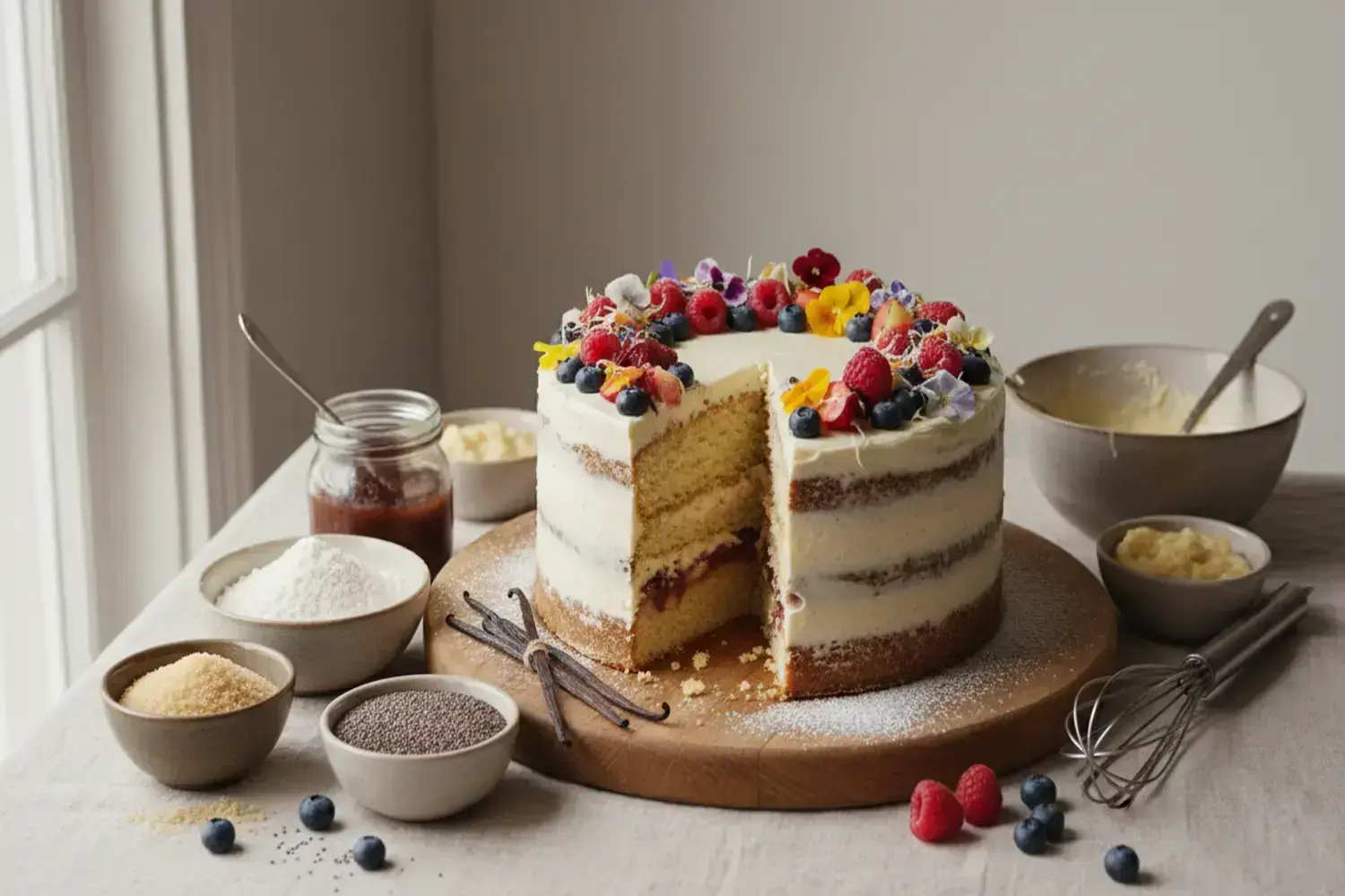 Bizcocho con recetas bizcocho vegano vegano de capas con glaseado blanco, decorado con frutillas rojas y azules, rodeado de ingredientes como azúcar y vainilla.