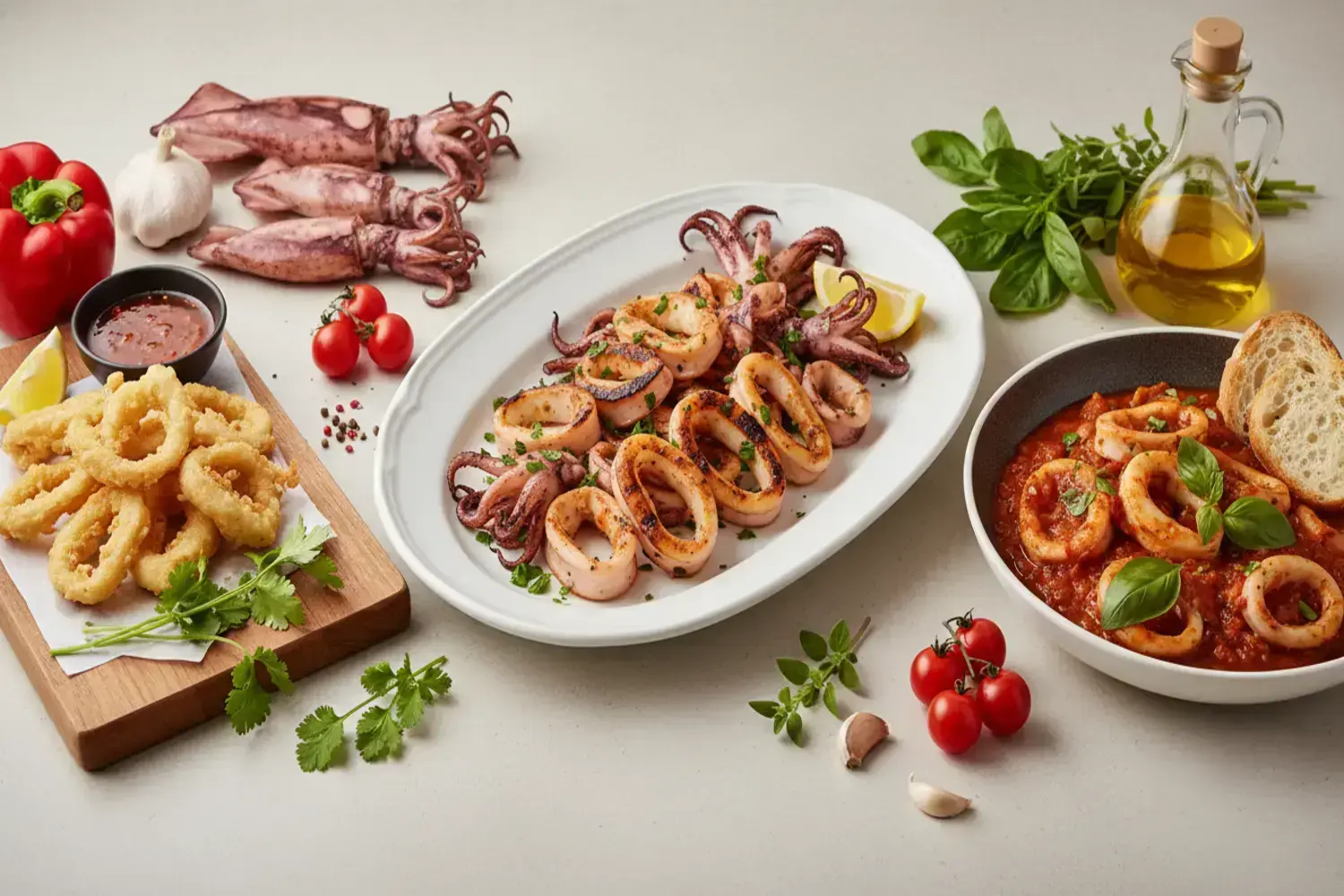 Plato con recetas con calamar blanco con anillas de calamar doradas, acompañadas de calamares enteros y rodajas de limón, decoradas con cilantro fresco. A un lado, calamares empanizados en una tabla d