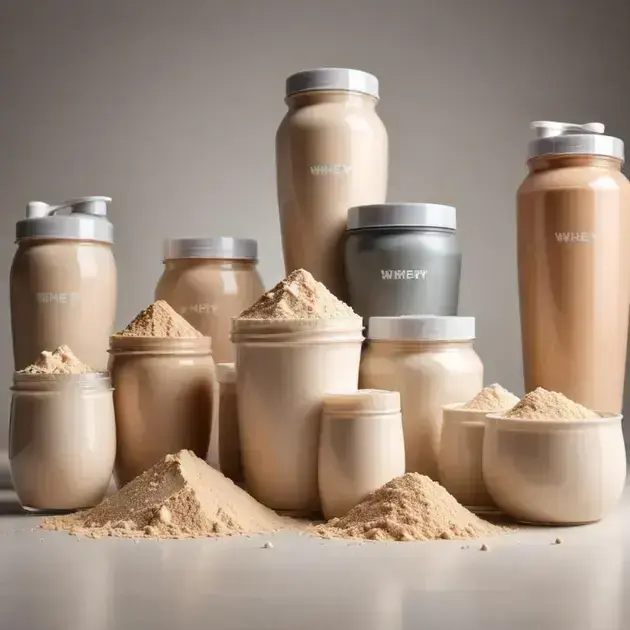Frascos en tonos beige de proteína de suero de leche con polvo alrededor en un fondo suave Varios frascos de proteínas en tonos beige con tapas plateadas, rodeados de montones de polvo, destacando la proteína de suero de leche.