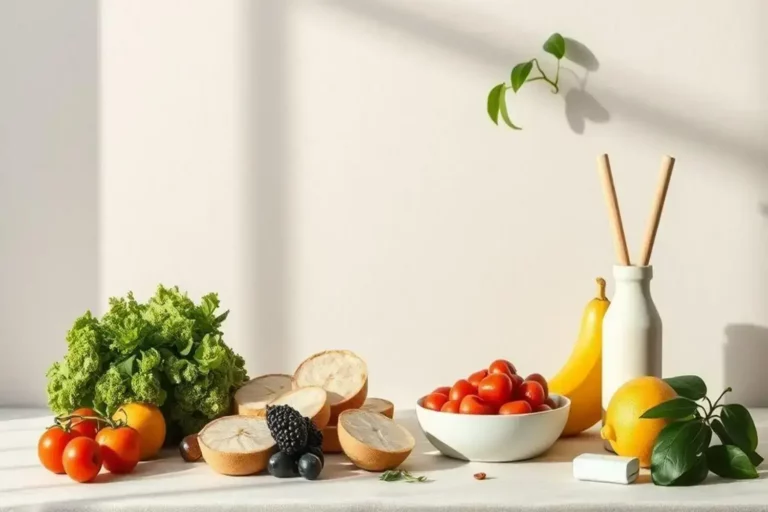 Mesa blanca con vegetales frescos, lechuga verde, tomates rojos, plátano amarillo y limones, todos organizados con luz cálida. Tips para bajar de peso.