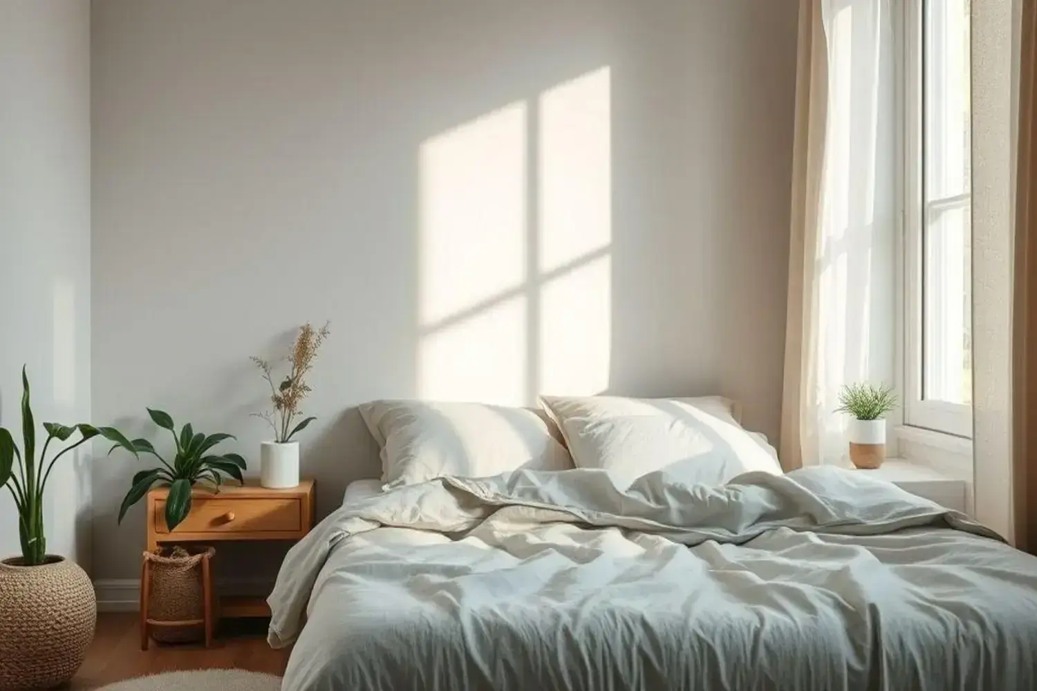 Habitación con mejorar el sueño iluminada con luz suave entrando por una ventana, cama deshecha con sábanas claras y almohadas, plantas verdes decorativas, mejorando el sueño.