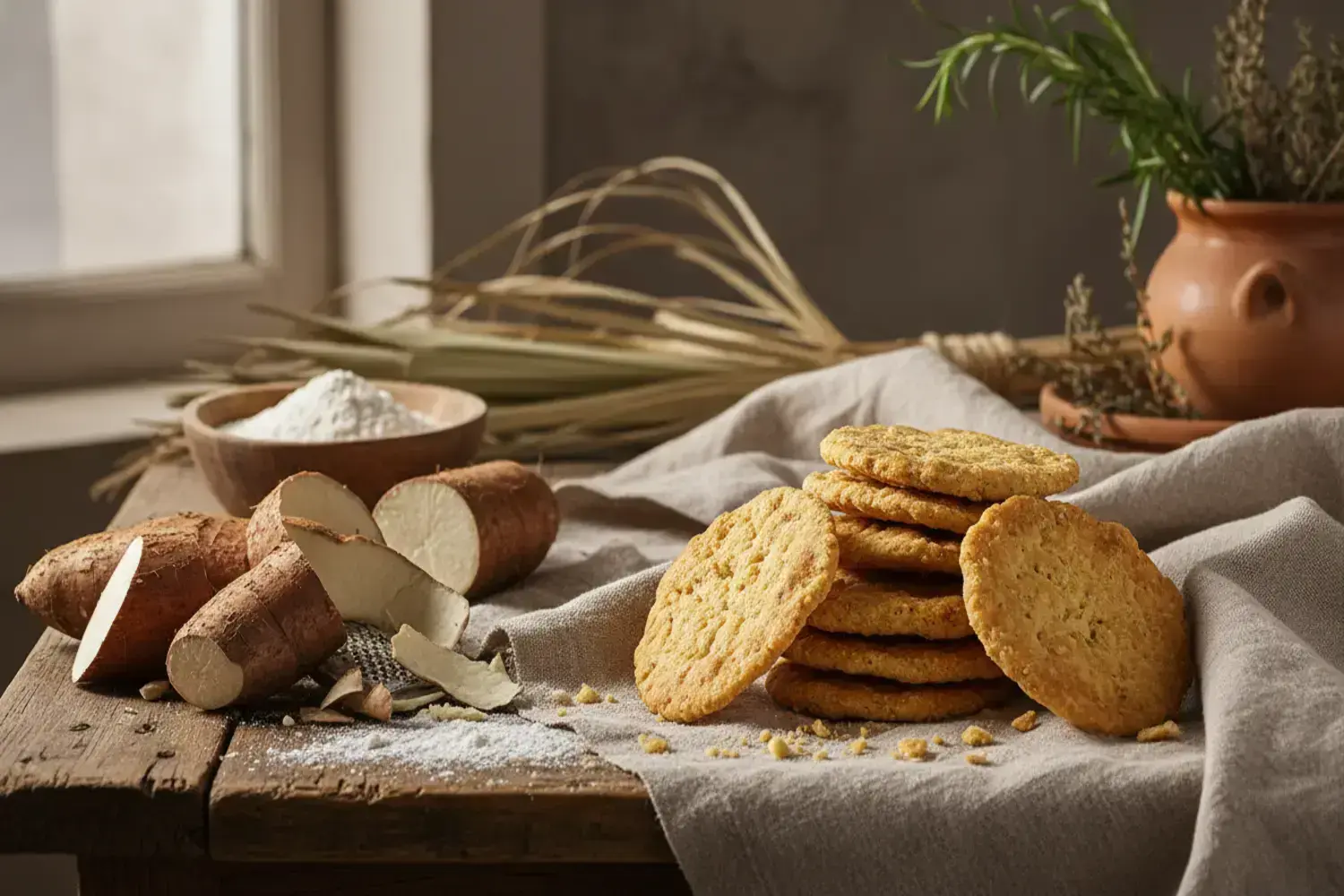 Un con galleta de yuca montón de galletas de yuca doradas sobre un paño gris. Al lado, yuca fresca y harina blanca en un tazón. Fondo con plantas verdes.