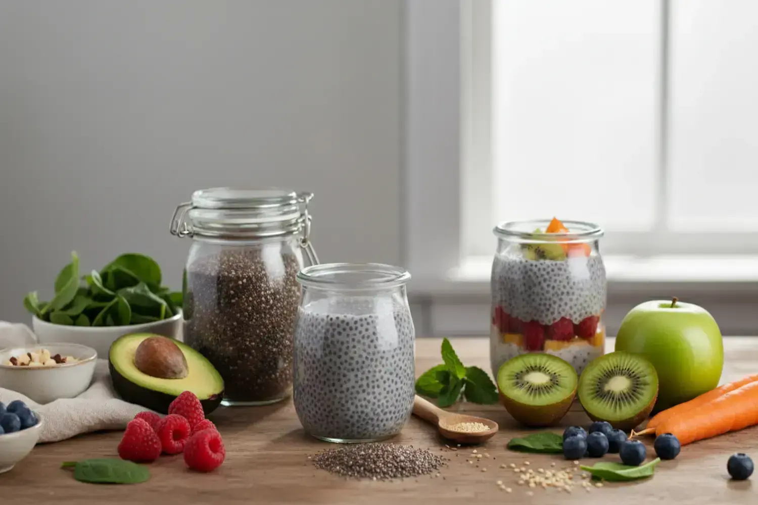 Frascos de vidrio con pudín de chía gris, rodeados de hojas verdes, frambuesas rojas, aguacate, kiwi cortado y bayas azules, enfatizando los beneficios chía.