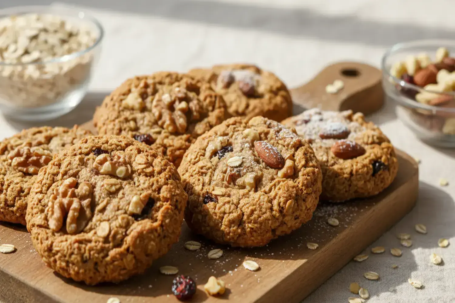 Galletas con galleta de avena vegana de avena vegana doradas sobre una tabla de madera. Tienen nueces y almendras en la parte superior, con copos de avena esparcidos alrededor.