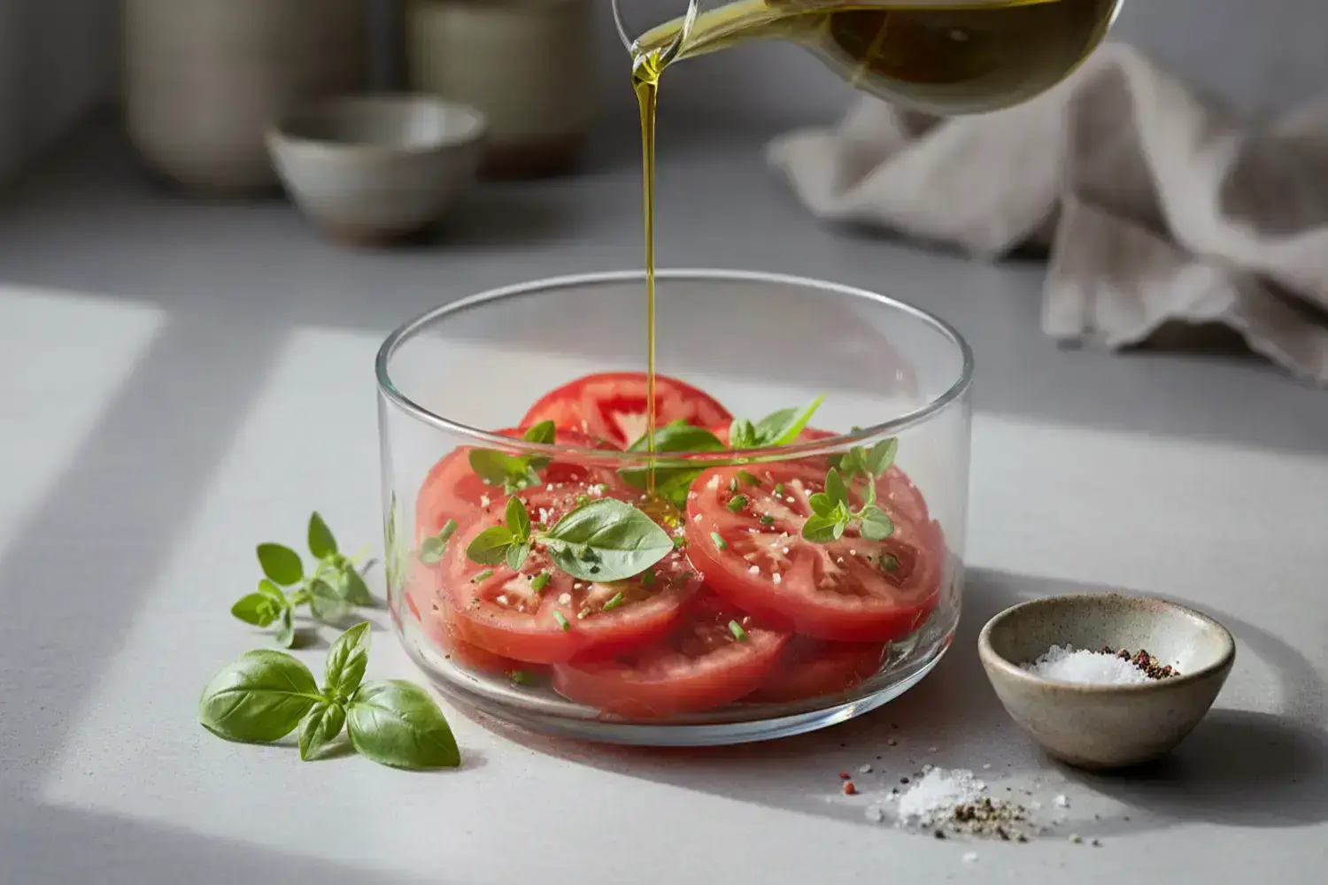 Rebanadas con carpaccio de tomate brillantes de tomate rojo en un bol de vidrio, con albahaca fresca y aceite de oliva vertiéndose encima, junto a sal y pimienta.