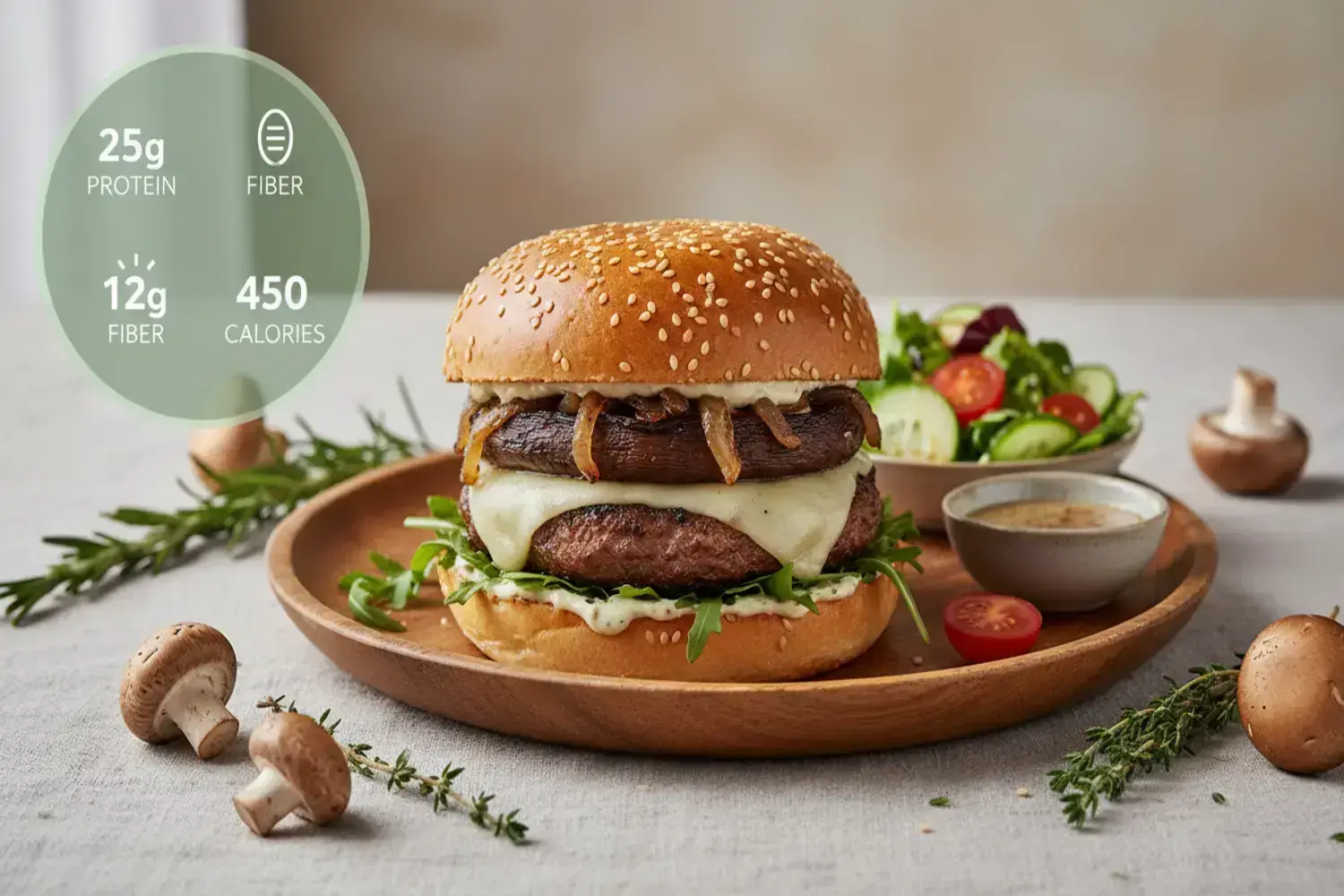 Hamburguesa de champiñones en un plato de madera, con pan de sésamo, carne jugosa, champiñones portobello asados y lechuga, acompañada de una ensalada fresca.