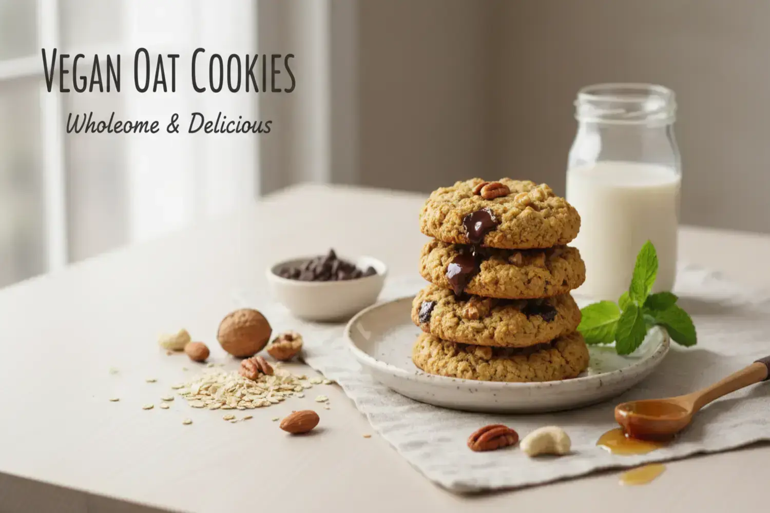 Tres con galleta de avena vegana galletas de avena vegana apiladas en un plato claro. Alrededor, trozos de nueces, copos de avena y un recipiente con chispas de chocolate. Fondo suave y luz natural.