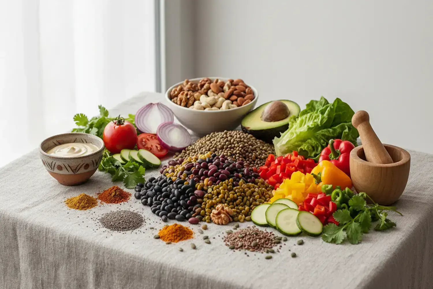 Mesa con ingredientes frescos para hamburguesa de vegetales: legumbres variadas, rodajas de tomate, cebolla, aguacate y hojas de lechuga, con salsas y especias coloridas.