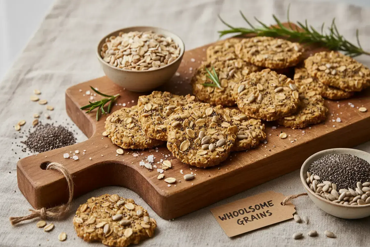 Deliciosas galletas saladas saludables con avena y semillas, perfectas para un snack nutritivo Placa de madera con galletas saladas saludables, avena, semillas de girasol y sal, decoradas con ramitas de romero verde.